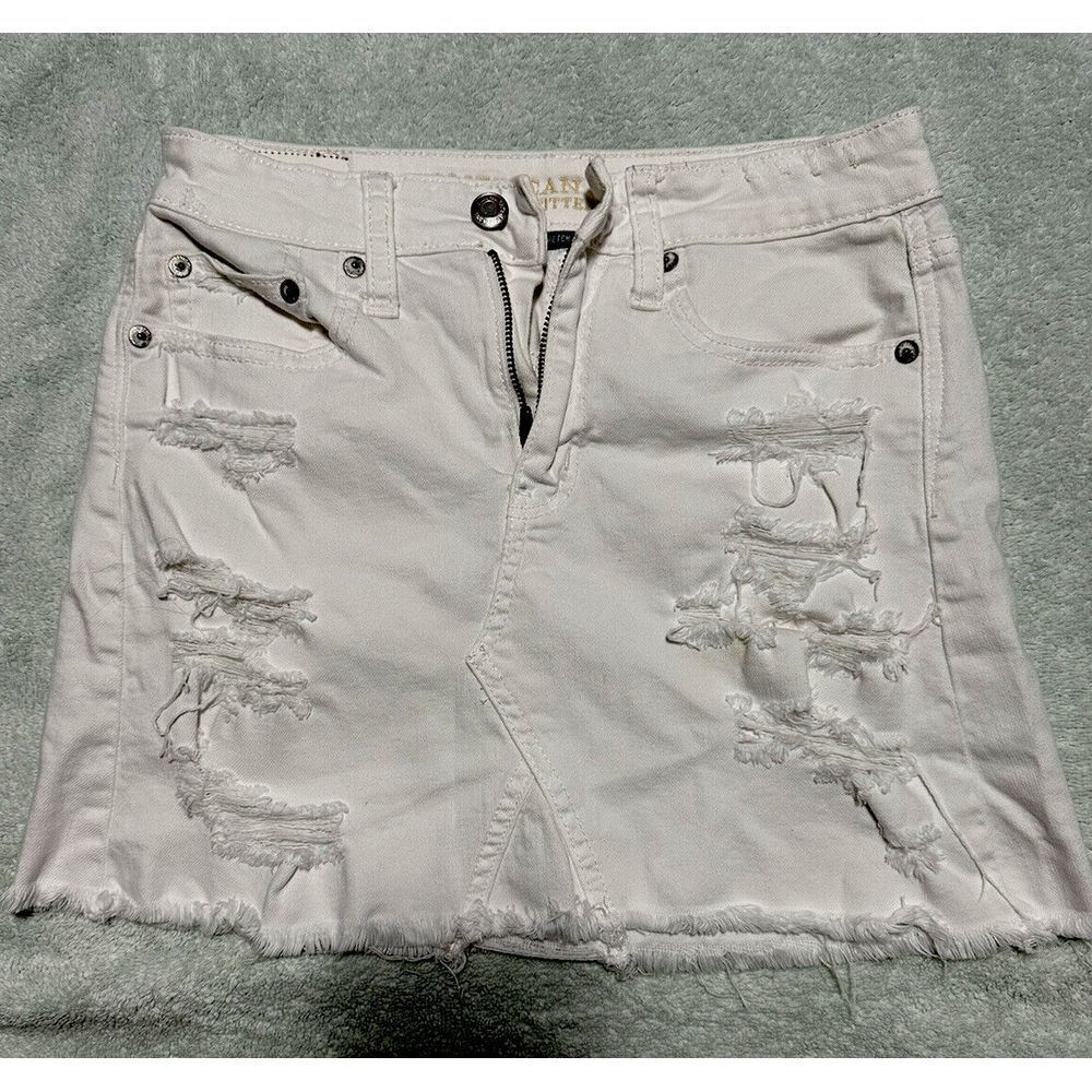 American Eagle Skirt Womens 0 White Mini Denim Distressed Casual